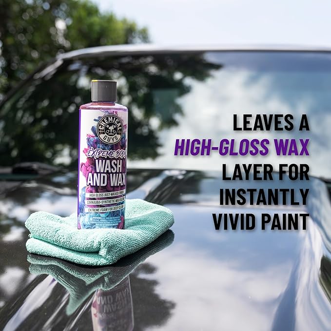 Chemical Guys, Extreme Bodywash & Wax Car Wash Soap, Grape Scent, 16 oz | Thick clinging foam in cannons, guns or buckets, carnauba adds gloss, gentle on wax and sealant, grape scent