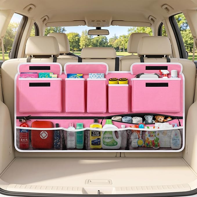 Rhino Valley Trunk Organizer for SUV, 35.5"x18.2" Foldable Hanging Storage & 10 Compartment Pockets, Waterproof and Washable Material Bag & Adjustable Straps, Car Trunk Organizer for SUV, MPV, Truck