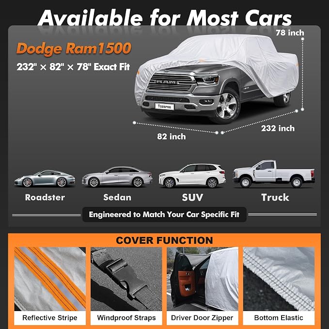 Truck Cover Waterproof All-Weather,Outdoor Pickup Covers(Length 229-246 inch) with Windshield Sun Shade Universal Fit Tacoma, Tundra, F-150, RAM 1500 etc,Size T5 (See Size Chart)