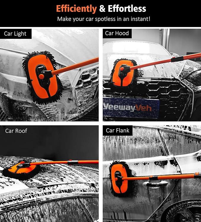 YeewayVeh 43" Car Wash Brush Mop, Extendable Long Handle, Orange | 15° Curved Soft Microfiber Mop for Truck & SUV Cleaning, Extra Mop Head, No Scratching