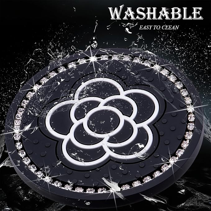 Bling Cup Coaster for Car – 2-Pack 2.75 Inch Silicone Holder Insert, Universal Fit, Anti-Slip & Durable, Decorative Car Accessories (Black Flower)