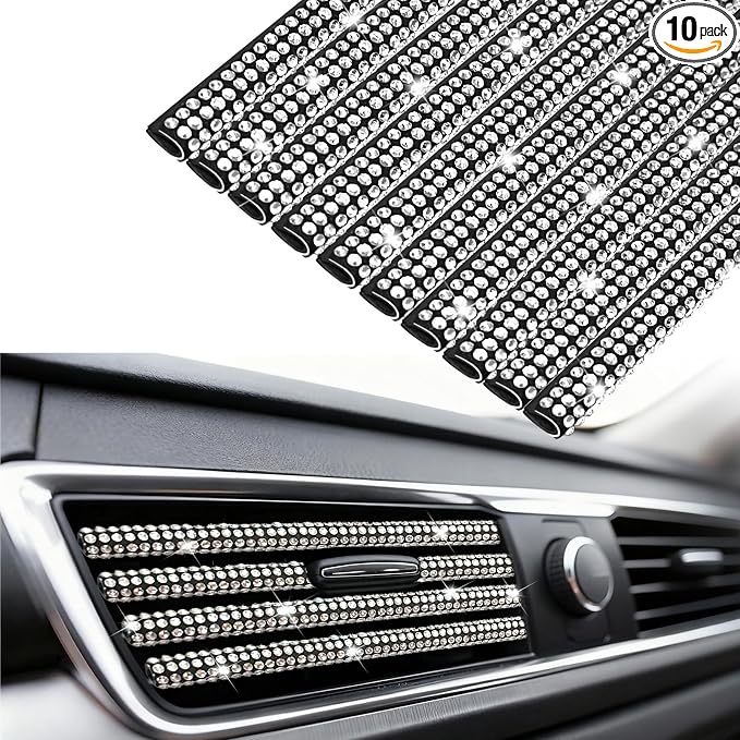 NBTEPEM Bling Car Air Conditioner Decoration Strip for Vent Outlet, 10 PCS Universal Rhinestone Car Vent Outlet Trim Decorations, Bling Interior Accessories for Women and Girls (Silver)
