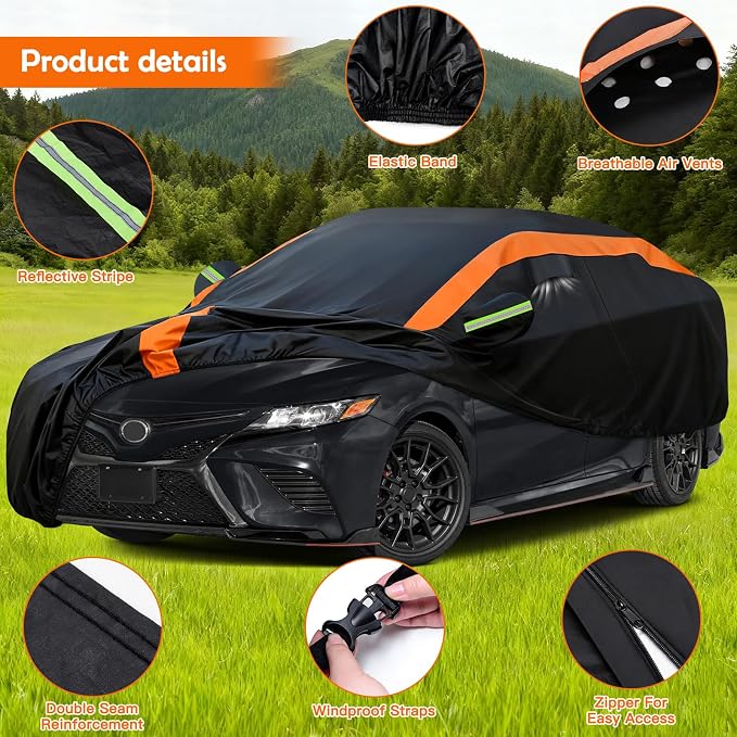Universal Fit Car Cover for Sedan Length 186-193in, Waterproof Automobiles Cover All Weather Compatible with Toyota Camry, Honda Accord, Tesla Model 3, Nissan Altima, Hyundai Sonata