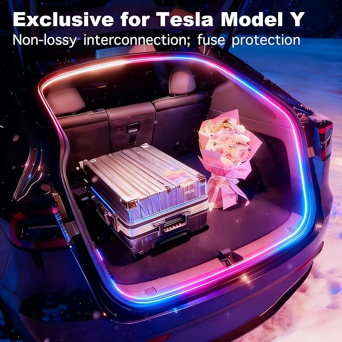Trunk LED Ambient Neon Light Strips for Tesla Model Y & Juniper (2021-2026) - Waterproof Silicone, High Brightness, APP-Controlled, Auto On&Off, for Car Trunk & Camping Atmosphere (RGB)