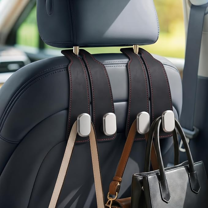 Car Seat Headrest Hooks for Purses & Shopping Bags, 2 Pack Suede Car Purse Hook, Double Hooks Secure Bags While Driving, Elegant & Durable, Simple to Install, Fits Handbags, Grocery Bags, Bottles.