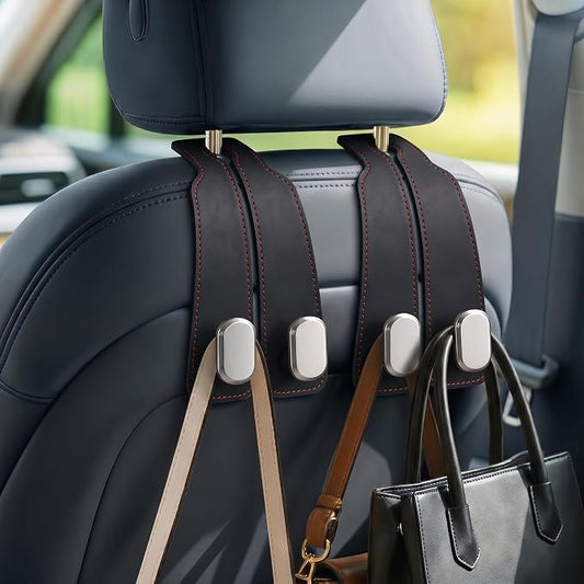 Car Seat Headrest Hooks for Purses & Shopping Bags, 2 Pack Suede Car Purse Hook, Double Hooks Secure Bags While Driving, Elegant & Durable, Simple to Install, Fits Handbags, Grocery Bags, Bottles.