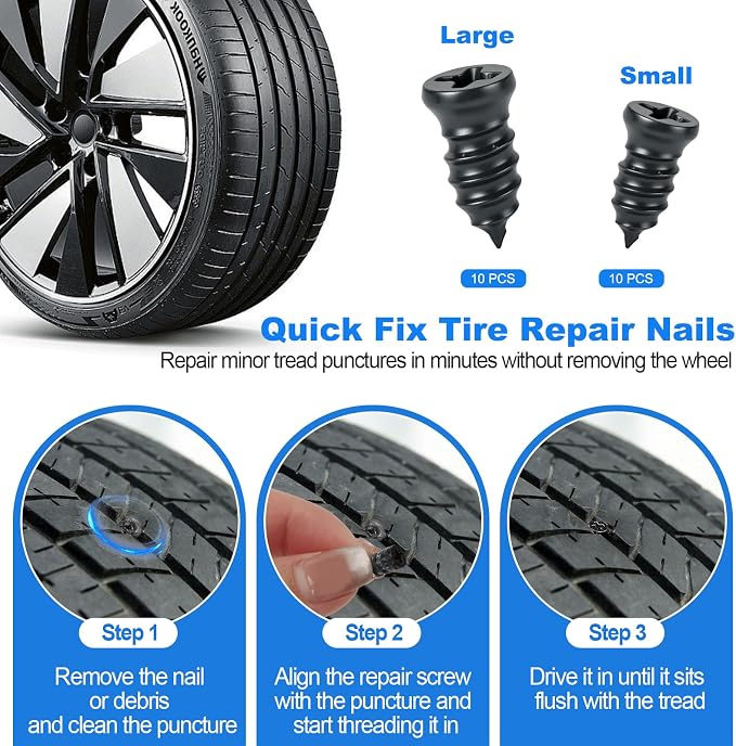 Tire Plug Kit, 130 PCS Tubeless Tire Repair Kit with Heavy-Duty Metal T-Handle Tools, Repair Strips, Screw-in Repair Plugs, Valve Stem Service Accessories & Hard Case for Car SUV Motorcycle ATV