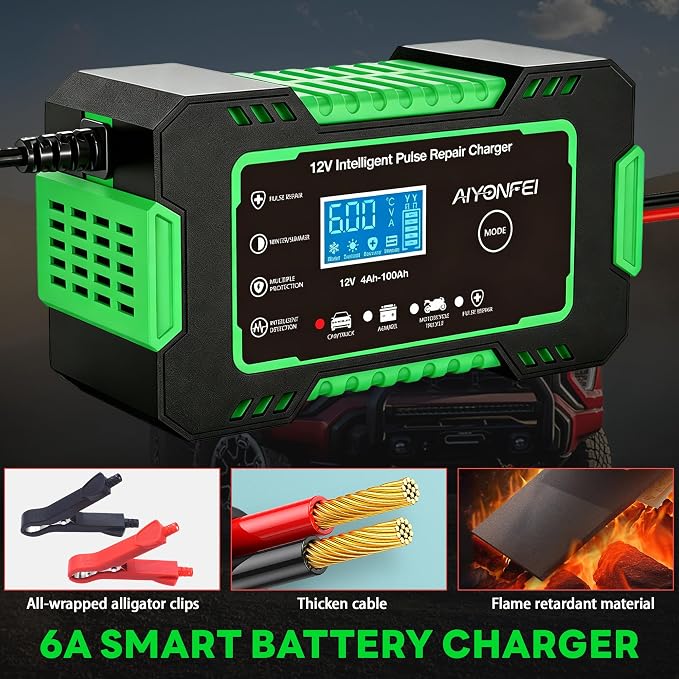 12V 6-Amp Battery Charger, Smart Trickle Charger Maintainer Green | Battery Desulfator, Winter & Summer Mode, Lead-acid Battery Chargers, for Car Truck Motorcycle Lawn Mower Boat