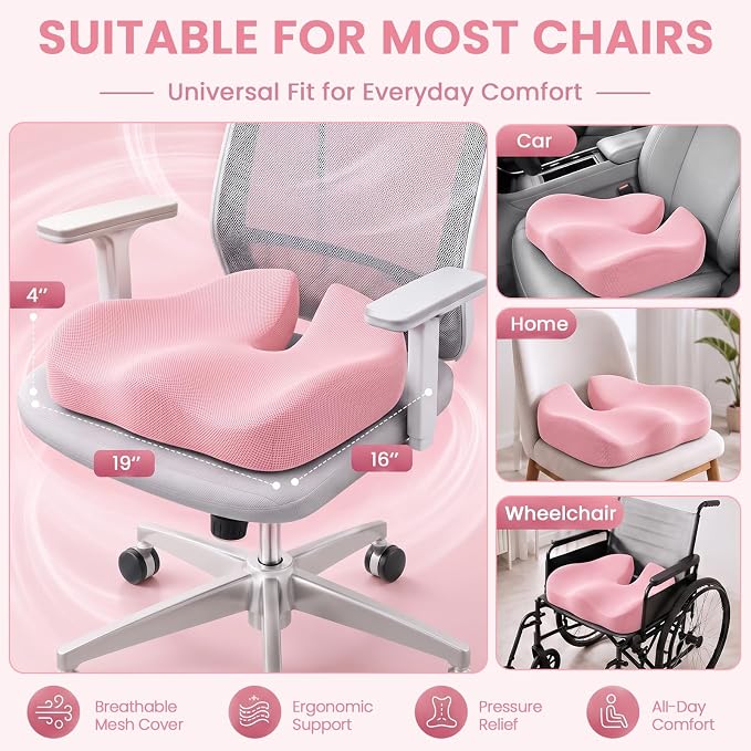 CJACSOC Seat Cushion, Extra Large Memory Foam Cushion for Office Chair Cushions, Ergonomic Cushions Pad Pillow for Pressure Relief Sciatica & Pain Relief for Long Sitting, Pink