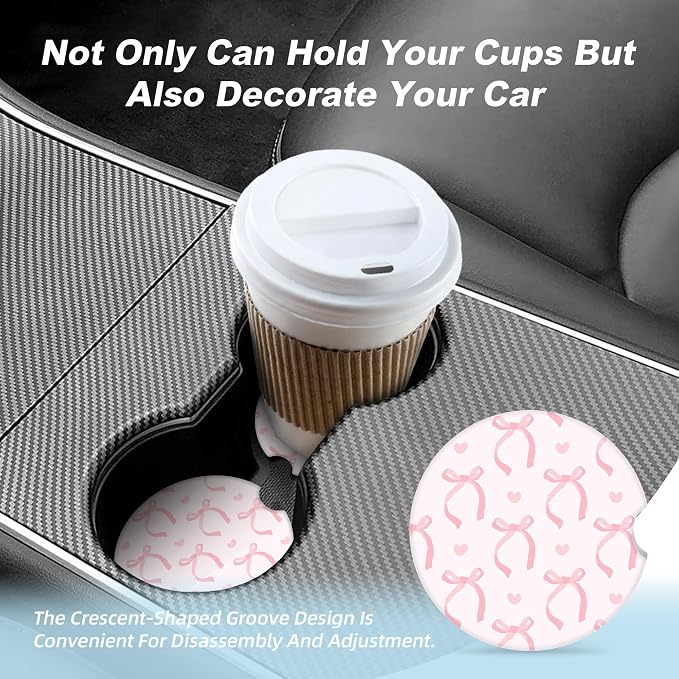 Cute Pink Bow Car Coasters for Cup Holders,2 Pack Car Cup Holder Coasters for Car,Ceramic Absorbent Car Coaster with A Finger Notch and Cork Base,Car Interior Accessories for Women Men