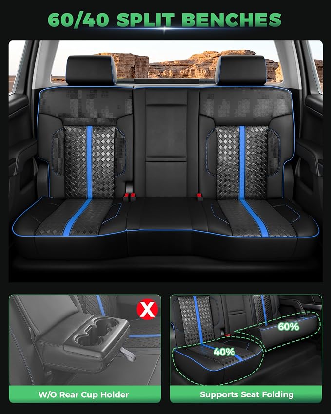 Custom Leather Seat Covers for 2014-2018 Sierra/Silverado 1500 | Only Crew Cab, Fits 2500/3500HD 2015-2020, no Rear Armrest/Seatback Storage, Waterproof, Scratch-resistant, Easy-clean