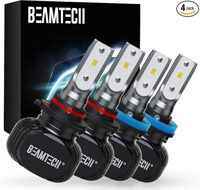 BEAMTECH 9005 H11 Bulbs Combo, S1 Series Fanless Fog Light HB3 H8 H9, 4 PCS | 300% Brighter 6500K White Light