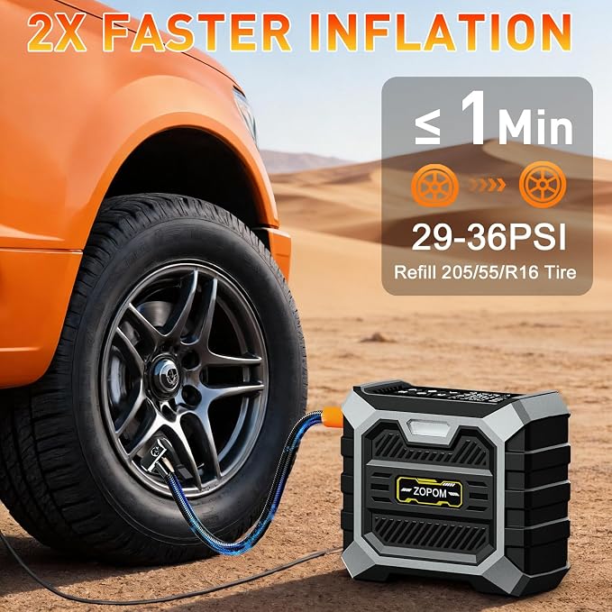 ZOPOM Tire Inflator Portable Air Compressor, 12V DC Car Air Pump with Auto Shut-Off & Digital Pressure Gauge, 100 PSI Corded Inflator for Car, Motorcycle, Bicycle & Sports Balls, LED Light