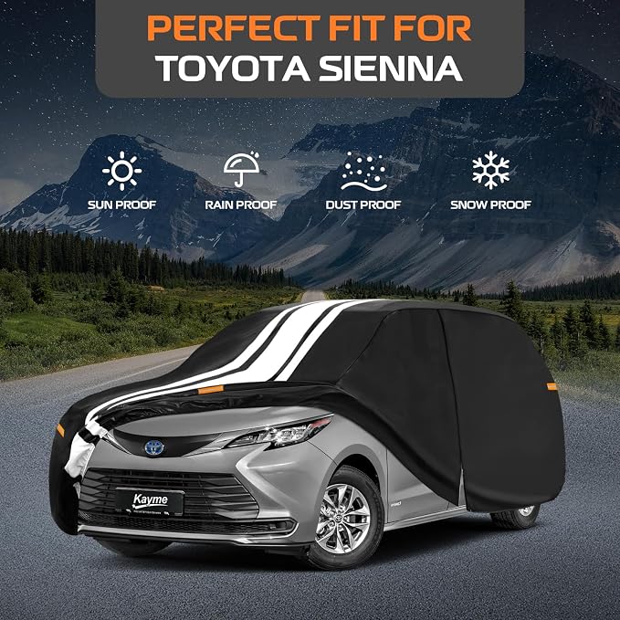 Kayme Heavy Duty Car Cover Custom Fit for Toyota Sienna (1997-2026) Waterproof All Weather for Automobiles, Outdoor Full Exterior Cover with Tape and Towel, Rain Snow Sun UV Protection.