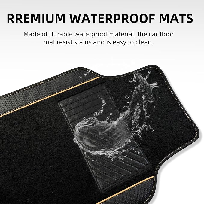 NBTEPEM Waterproof Universal Fit Car Floor Mats, Faux Leather Sporty Car Carpet Mats with Anti-Slip Nibbs Backing & Driver Heel Pad Fit for SUV, Vans, Sedans, Trucks, Set of 4 (Black with Beige line)