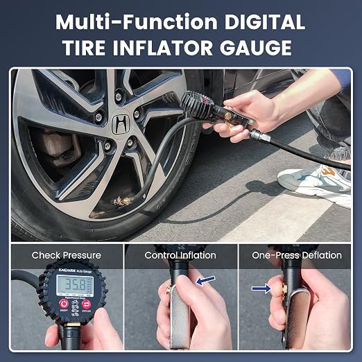 ENDARK Tire Inflator Pressure Gauge for Air Compressor - Digital Air Chuck | 3-250 PSI, 1% Accuracy, 0.1 PSI Resolution, 360° Rotating Chuck, Extended Hose, Dual-Head Chuck, Hard Carrying Case