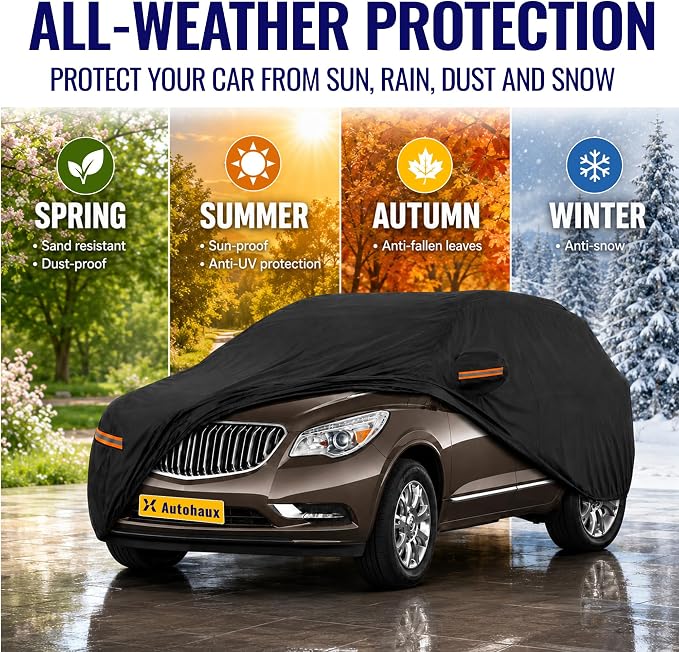 X AUTOHAUX Car Cover for Buick Enclave 2013-2024 210D-PU Outdoor Full Car Cover All Weather with Door Zipper for Waterproof Windproof Sun Rain Snow Protection