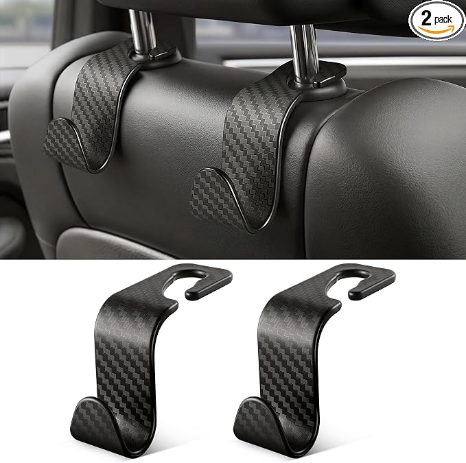 SINGARO Universal 2 Pack Car Seat Headrest Purse Hook, Carbon Fiber Back Seat Hook Storage Organizer Hanger for Purse Handbag Coat, Car Interior Accessories(Black)