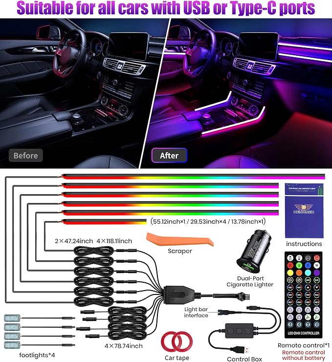 KENANEK 55.12Inch Tesla Interior Lights, 5V USB & Type-C Powered–6 LED Strip Light+4 Footwell Lights,App Controlled Music Sync, OEM-Style Ambient Lighting with Dreamcolor Effects