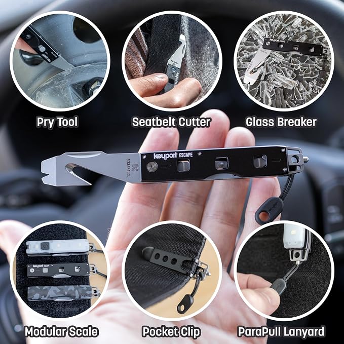 Keyport Car Rescue Tool - Tungsten-Carbide Window Breaker & Seatbelt Cutter | Solid Tip - No Spring To Fail | Shatters Side Glass | Rescue-Grade | Pry Bar | Pocket Clip | Paracord Pull | Customizable