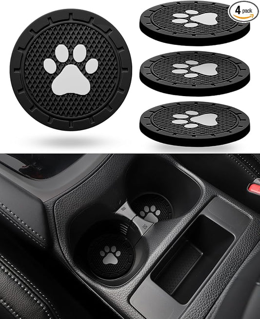 Coaster for Cup Holder - 4 Pack Silicone Auto Drink Coasters Mat Cat Dog Paw Universal Non-Slip Inserts Car Interior Accessories, Black