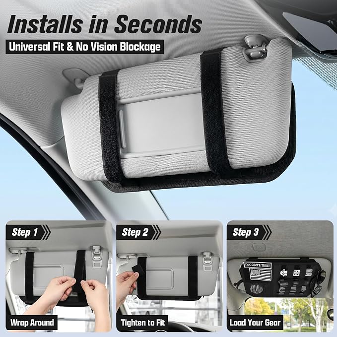 1000D Polyester Car Sun Visor Organizer with Sunglasses Holder | Tactical Organizer, MOLLE Panel, Universal, Mesh Pouch + Pen Slots + Zipper Pockets, Heavy Duty, Esay Installation