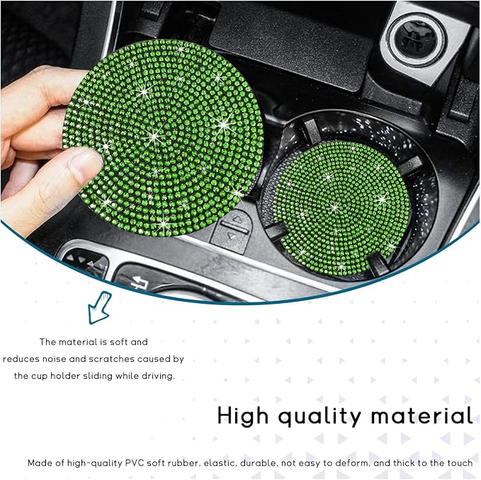 Ziciner 2 Pack Bling Car Cup Holder Coaster, Anti-Slip Auto Insert Coaster with Start Stop Button Cover, Universal Shiny Crystal Vehicle Interior Accessories for Women and Girls (Light Green)