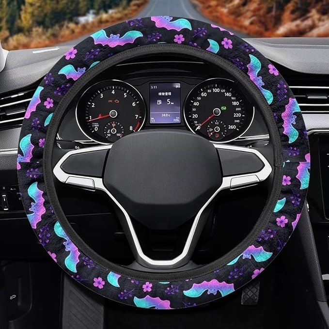 AFPANQZ Halloween Steering Wheel Cover for Cars Universal Fit 14 to 15 inch | Bat Flower Print, Universal Stretch-on Fabric, Keep Warm Steering Wheel Protector for Women