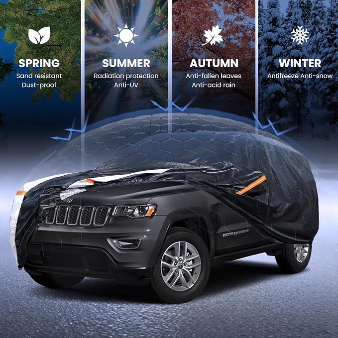 Multi-Layer Car Cover Custom Fit for Jeep Grand Cherokee(2010-2026), 100% Waterproof All Weather for Automobiles, Gift with Towel, Heavy Duty Car Covers for Rain Sun UV Protection with Door Zipper