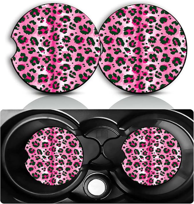 Pink Leopard Print Car Cup Holder Coasters Set of 2 – Fun Leopard Car Accessories 2.75" Universal Size Anti Slip Rubber Mat Auto Insert Coasters Decor Leopard Gifts for Women Men Dad Grandpa