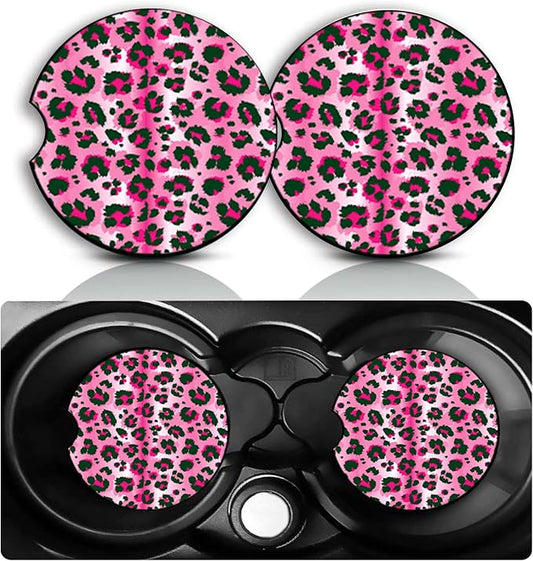 Pink Leopard Print Car Cup Holder Coasters Set of 2 – Fun Leopard Car Accessories 2.75" Universal Size Anti Slip Rubber Mat Auto Insert Coasters Decor Leopard Gifts for Women Men Dad Grandpa