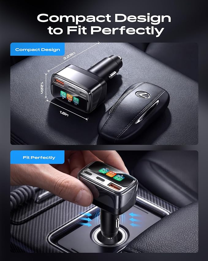 105W USB C Car Charger with Digital Color Display, 3-Port Fast Charging Cigarette Lighter Adapter for iPhone 17/16/15 Pro Max, Samsung S26, Travel Car Accessories Gifts for Men Women + 3FT USB-C Cable