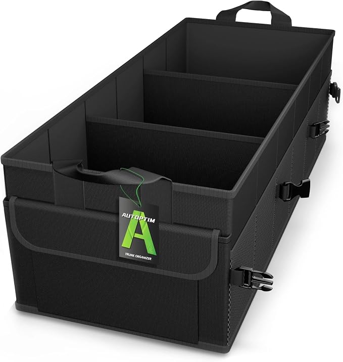 AUTOPTIM Car Trunk Organizer - 85L Collapsible Car Organizer with Non Slip Bottom & Multiple Pockets for Groceries, Trunk Storage with Base Panel for SUV Sedan Van, 3 Compartments (Black, X-Large)