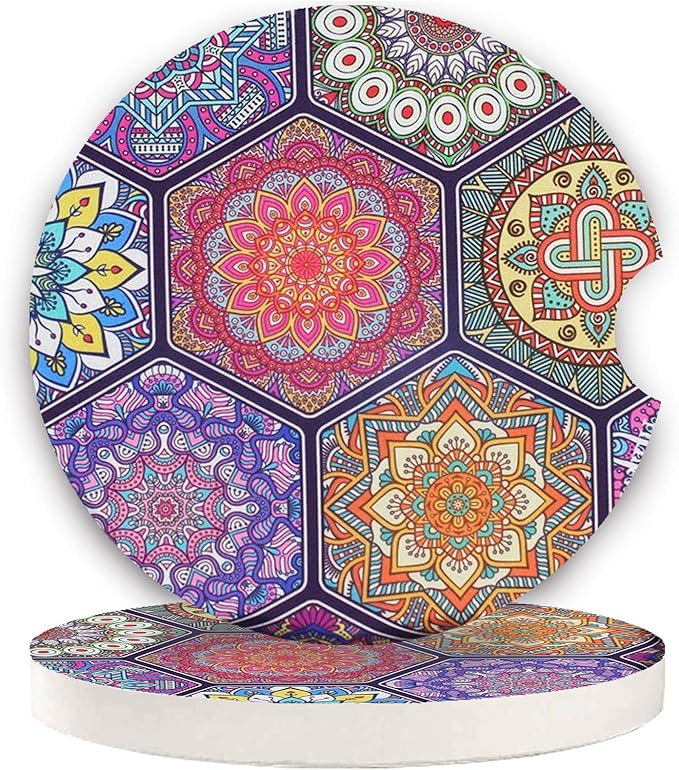 Mandala Ceramic Coasters 2 Pack, 2.56 inch Absorbent - Protect Car Cup Holders & Keep Your Car Clean