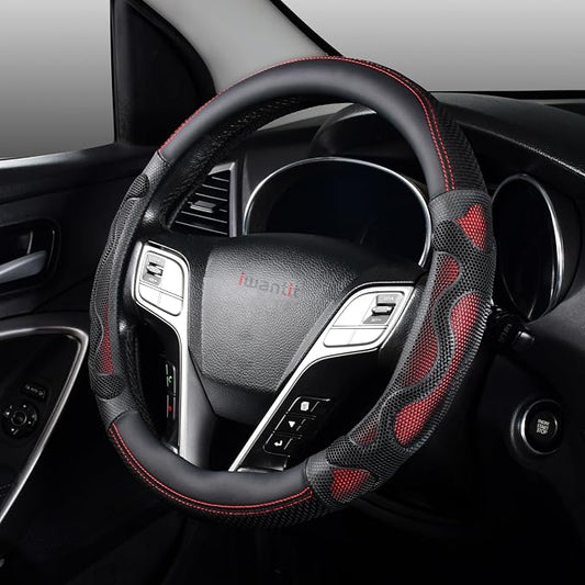Iwantit® Steering Wheel Cover with 3D Honeycomb Anti-Slip Design and Breathable Fabrics, Universal 14.5-15 Inch (Red/Black)