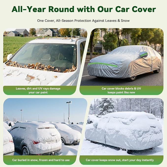 AUQDD 6-Layers Premium Sedan Car Cover Waterproof All Weather Weatherproof UV Sun Protection Snow Dust Storm Resistant Outdoor Exterior Custom Form-Fit Full Padded Car Cover with Straps 178"-189" K2