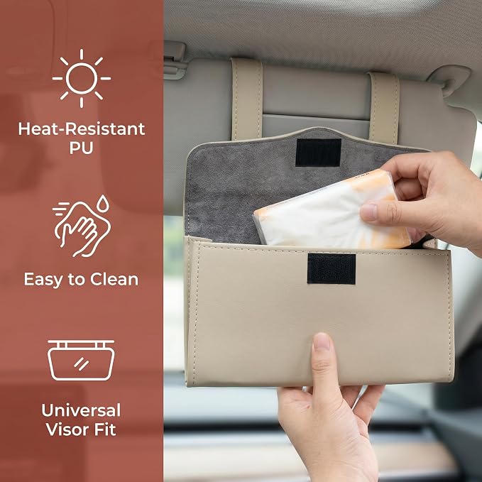 Car Tissue Holder, Visor Tissue Box for Car SUV Truck, Sun Visor Napkin Holder with Metal Clip, PU Leather Auto Interior Accessories (Beige)