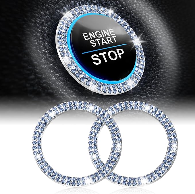 LivTee Car Engine Start Stop Decoration Ring, Crystal Double Rhinestone, Push to Start Button Cover/Sticker, Key Ignition & Knob Bling Ring, Bling Car Interior Accessories for Women, Light Blue