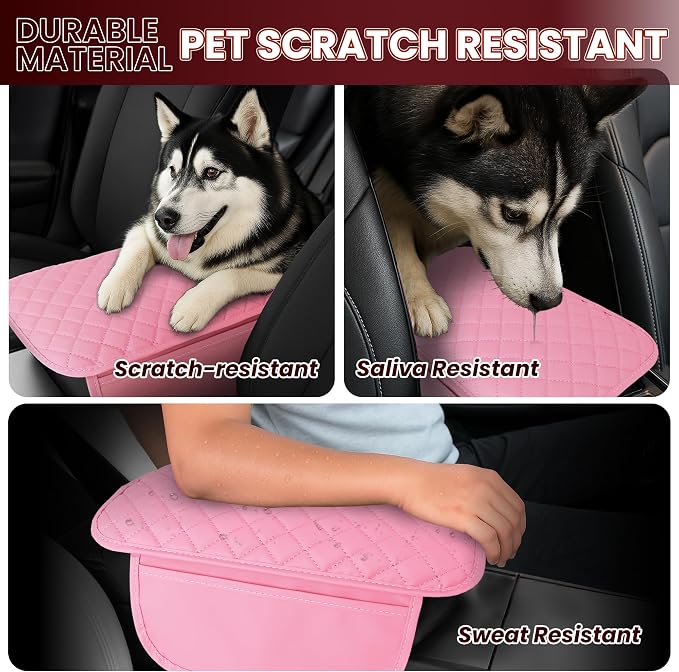Upgraded Car Center Console Cover with 2 Storage,Arm Rest Covers Armrest Cover for Car, Microfiber Leather Car Armrest Cover Cushion, Universal Car Interior Accessories for Vehicles（Pink longer）