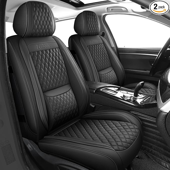 Black Thick Nappa Leather Automotive Front Car Seat Covers Set of 2 | Univerasal Precision Fit,Lumbar Support,3D Contoured,Semi Coverage,Waterproof,ThickTexture,for most Suvs Trucks Sedans