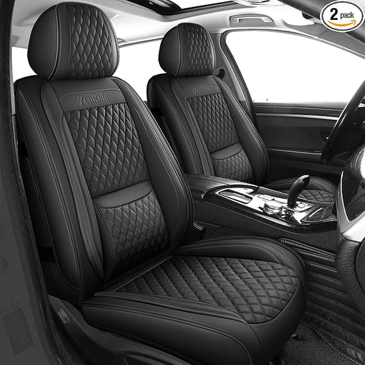 Black Thick Nappa Leather Automotive Front Car Seat Covers Set of 2 | Univerasal Precision Fit,Lumbar Support,3D Contoured,Semi Coverage,Waterproof,ThickTexture,for most Suvs Trucks Sedans