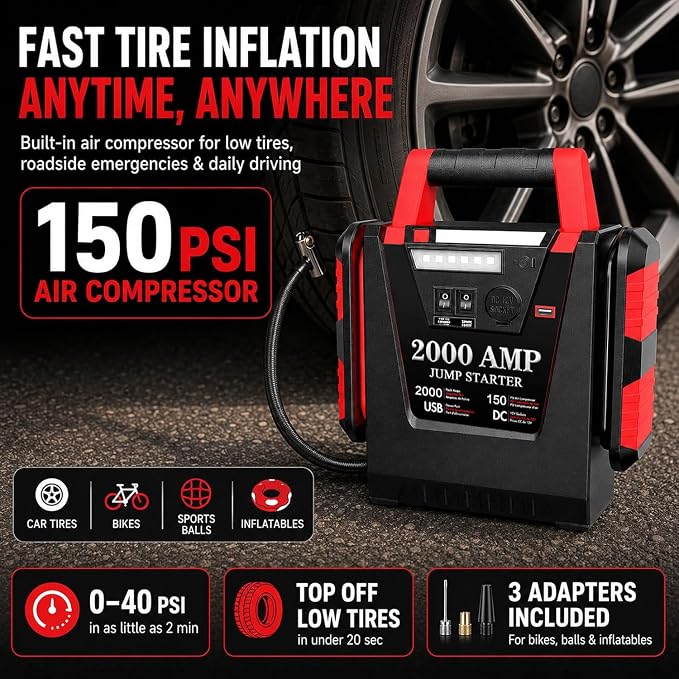 Jump Starter with Air Compressor,2000A Car Battery Jumper Starter 150 PSI Tire Inflator,6 in 1 Auto Lead-Acid Battery Booster Jump Starter for Up to 10.0L Gas or 8.0L Diesel with LED Light