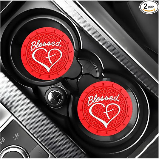 KVAEY 2 PCS Car Cup Holder Coasters, 2.76 Inch Anti Slip Vehicle Drink Mats with Cute Blessed Cross and Heart, Shockproof, Universal Car Accessories (Red, 2 PCS)