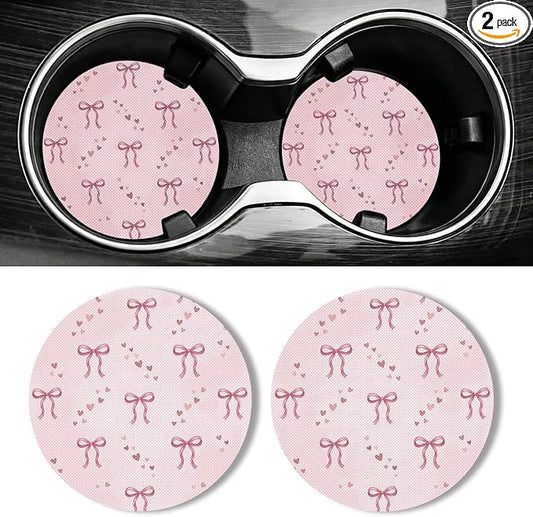 WOCOCN Car Coasters for Cup Holders - 2 Pack 2.75" Universal Rubber Car Cup Coaster, Non-Slip Waterproof Car Interior Accessories, Cute Car Decor Gifts for Women and Men (Ribbon Bow)
