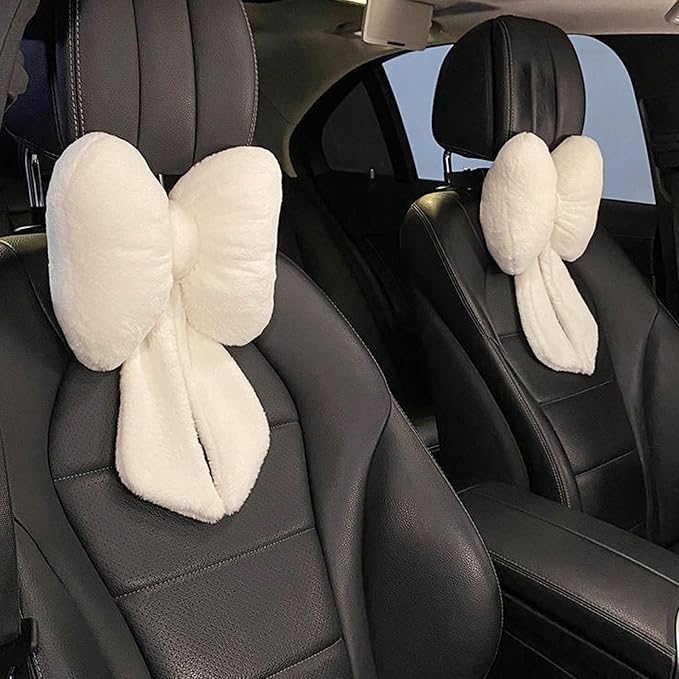 Car Neck Pillow 2PCS Plush Bowknot Car Headrest Pillow – Comfortable Neck Support for Driving Soft Touch Fabric Car Pillow Cute Interior Decor (White)