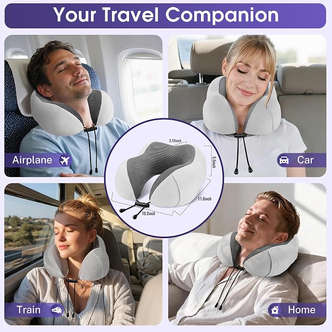 CloudBliss Travel Pillow for Plane, Memory Foam Neck Pillow for Traveling, Airplane Pillow with Eye Mask, Earplugs, Storage Bag, Compact Neck Pillow for Long Flight Sleep, Travel Essentials Light Grey