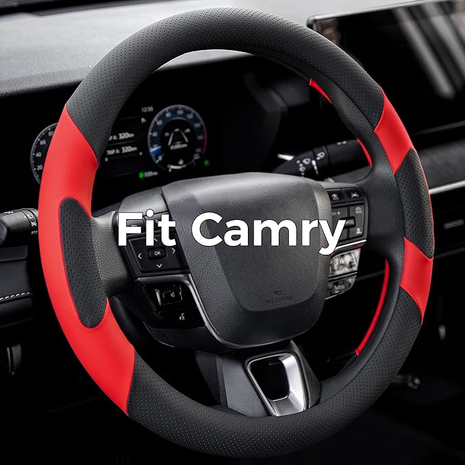 West Llama Customized Auto Car Steering Wheel Cover for Toyota Camry 2006-2025 2026 SE XSE Hybrid LE XLE 2006-2026, Microfiber Leather, 14.5-15inch, Black + Red