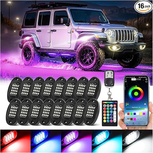 16 Pods RGB LED Rock Lights with Extension Wires, Waterproof Multicolor Underglow Kit for Trucks Trailer Offroad Pickup RV UTV, Dual Zone Brake Neon Underbody Light with APP/RF Control Music Sync 12V