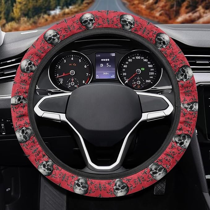 AFPANQZ Car Steering Wheel Covers Sweat Absorption Comfort Grip for Men | Skull Bat Red Print, Halloween Decor, Car SUV Sedans Interior Accessories, Steering Wheel Protection Sweat Absorption