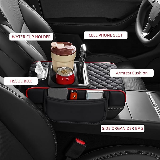 5 in 1 Nappa Leather Console Armrest Cover, Black Red Stitch | Built-in cup holder, tissue slot, phone holder & 2 storage pockets, practical car accessories fit SUV sedan truck
